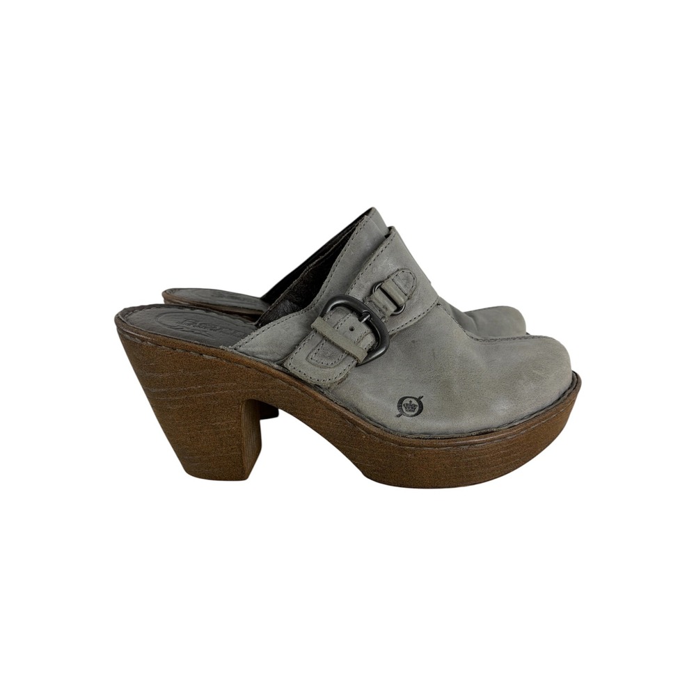 Born Leather Clogs Grey Buckle Strap Platform Block Heel Mules Size 8